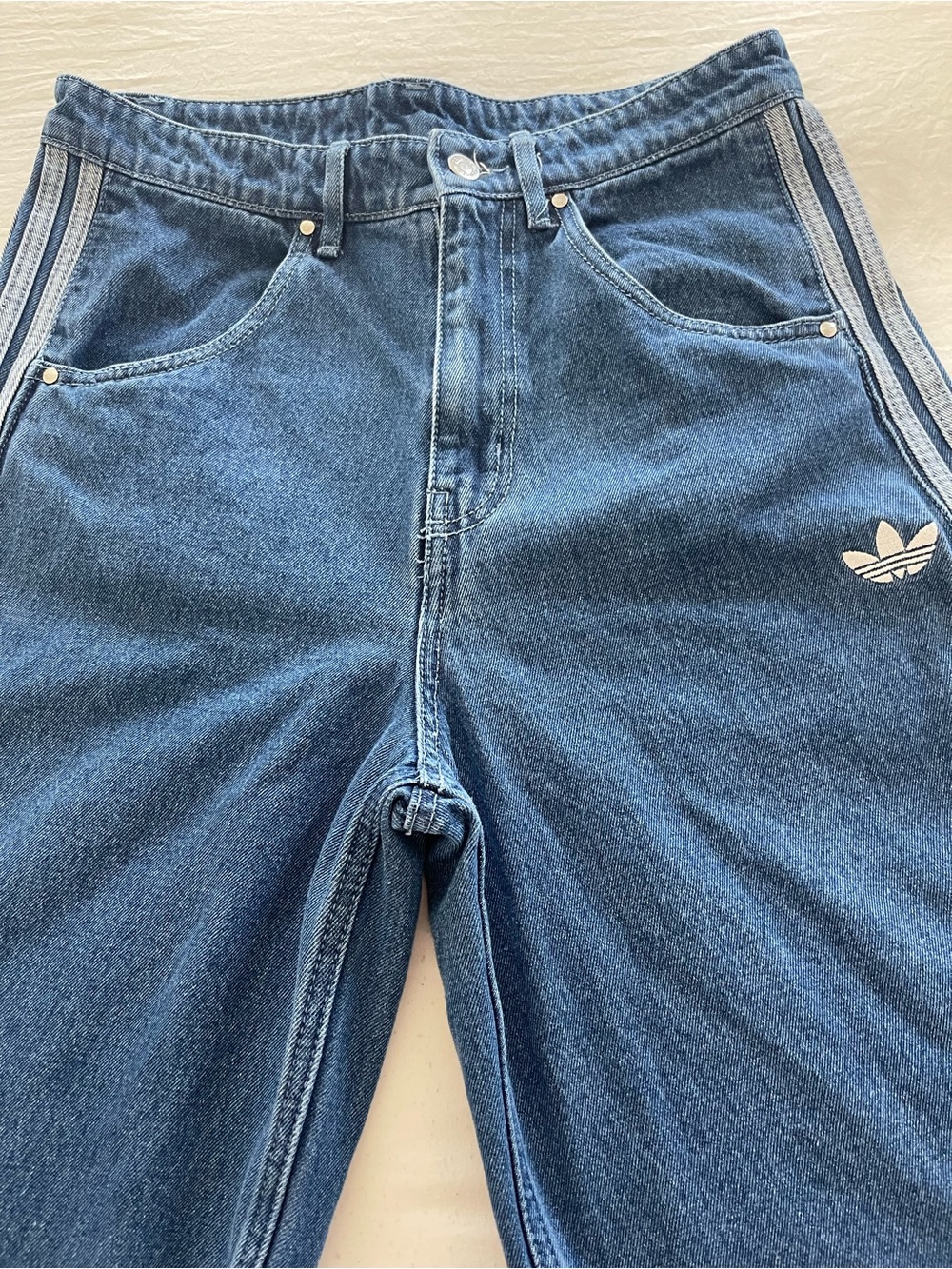 adidas Light Blue Denim Shorts with White Trefoil Tag - Picture 4 of 9